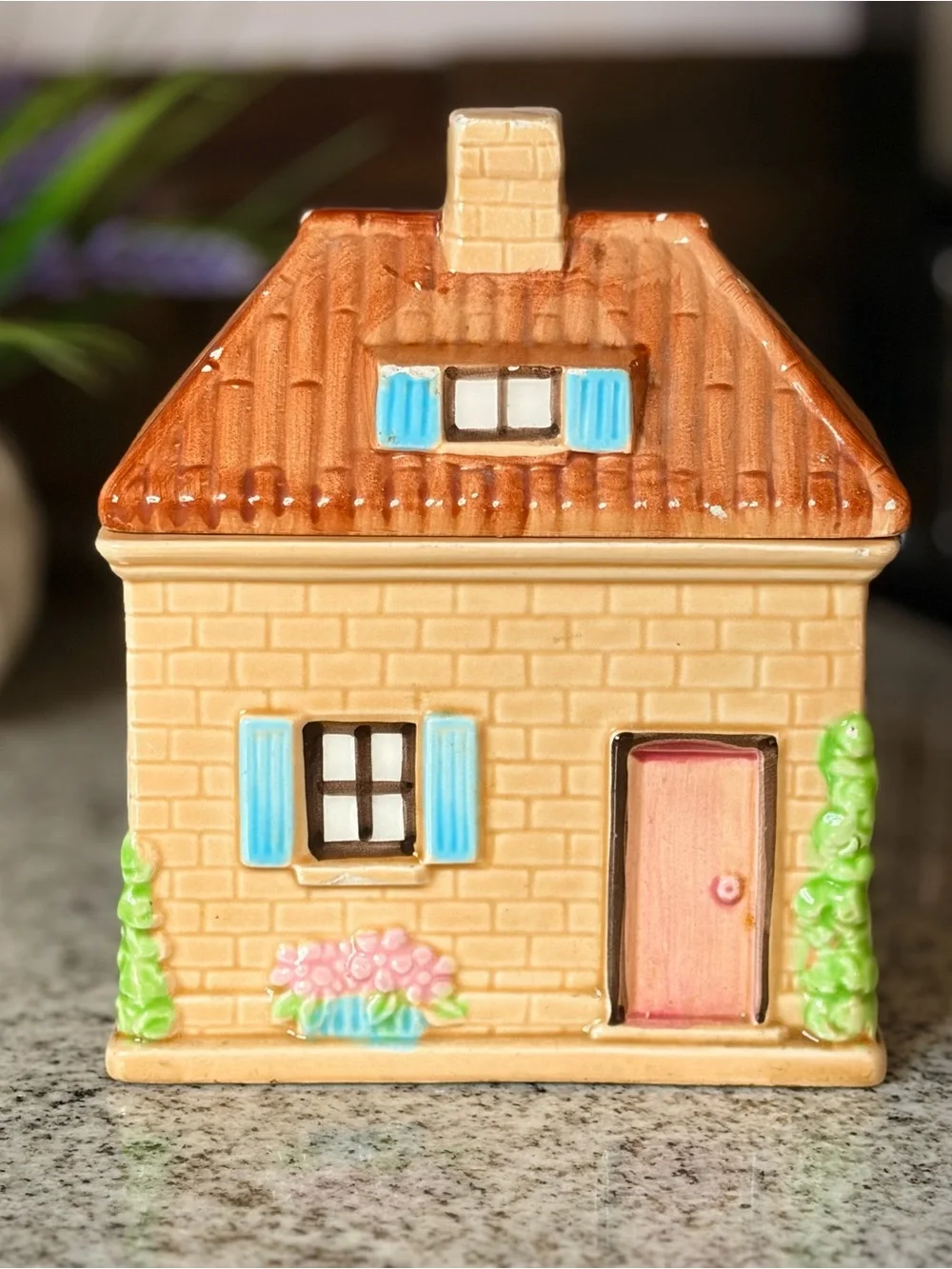 Vintage Ceramic Cottage Cookie Jar With Lid - Pastel Detail by Lefton China